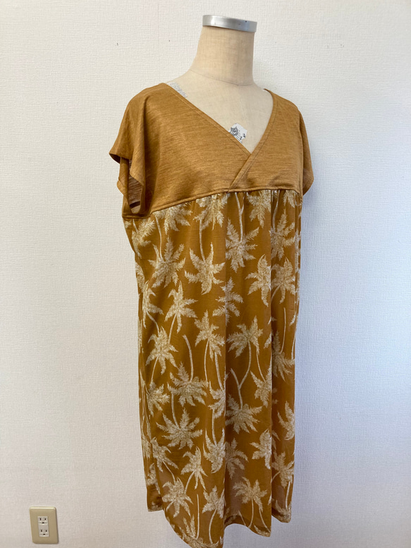 促銷價★成熟芥末色❤️棕櫚樹印花cache-coeur束腰連衣裙芥末色（L~LL碼） 第5張的照片