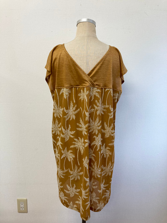 促銷價★成熟芥末色❤️棕櫚樹印花cache-coeur束腰連衣裙芥末色（L~LL碼） 第7張的照片