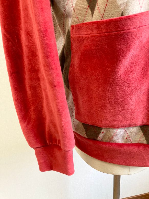 促銷價❤️ Argyle 圖案 V 領針織和絲絨開衫米色紅色（尺碼免費 L ~ LL） 第6張的照片
