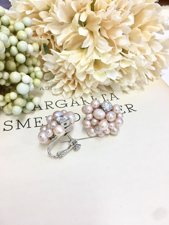 促銷價❤️淡水珍珠全粒面水鑽耳環（粉色×鍍銀） 第3張的照片