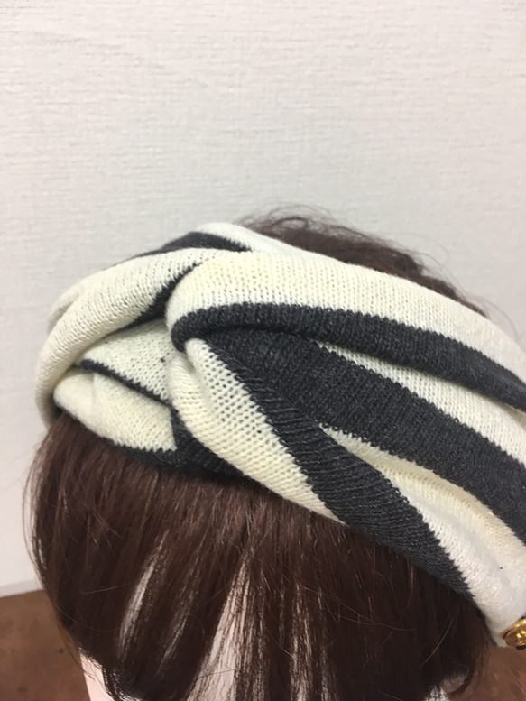 柔らかニット❤️ボーダー柄ねじりヘアバンド（ゆったりLサイズ） 3枚目の画像