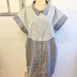 銷售價格★時尚的襯衫，帶有HAPPY❤️條紋圖案和灰色素色襯衫式連衣裙（尺寸L至LL） 第2張的照片