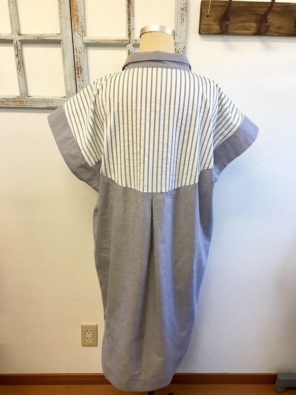 銷售價格★時尚的襯衫，帶有HAPPY❤️條紋圖案和灰色素色襯衫式連衣裙（尺寸L至LL） 第5張的照片