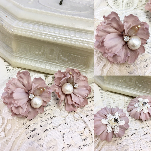 SALE価格★花びらコットンパールピアス（ローズピンク） 2枚目の画像