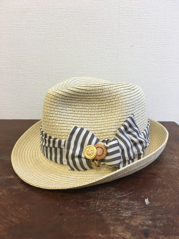 促銷價★稻草帽帽設計米色絲帶（自由L~L L 56~60厘米）※用尺寸調節色帶 第2張的照片