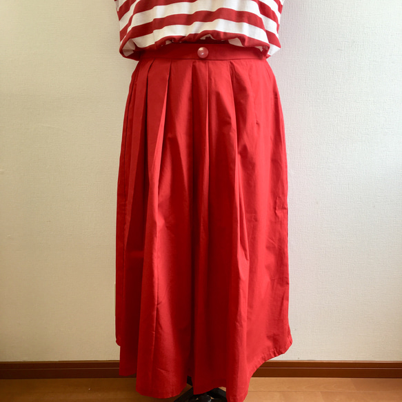 セール価格★鮮やかレッド❤️前プリーツのふんわりロングスカート 赤 （サイズフリー L〜 L L） 2枚目の画像