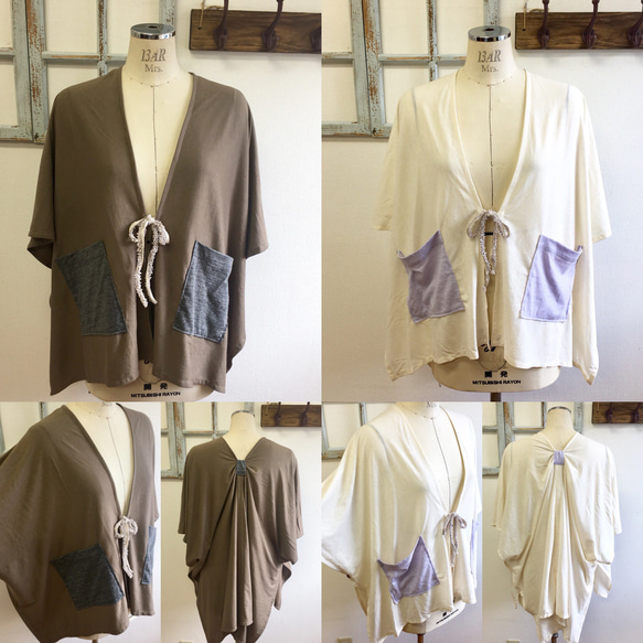 銷售價格❤️雙色雨披風格開衫，後背係有緞帶懸垂米色x薰衣草（L至LL尺寸） 第5張的照片