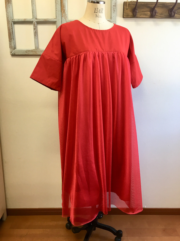銷售價格★成人紅色❤️網紗薄紗聚集連衣裙（L至LL無碼） 第4張的照片