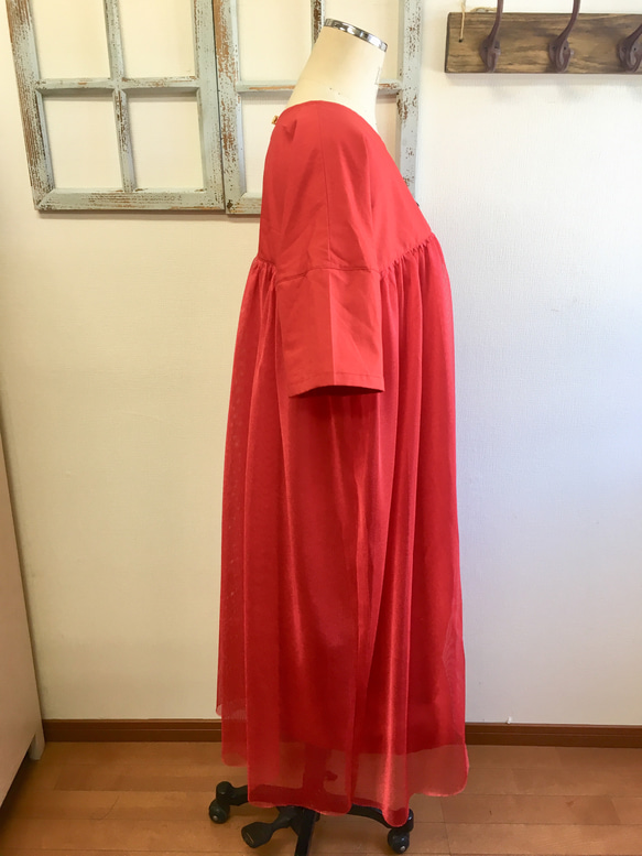 銷售價格★成人紅色❤️網紗薄紗聚集連衣裙（L至LL無碼） 第7張的照片