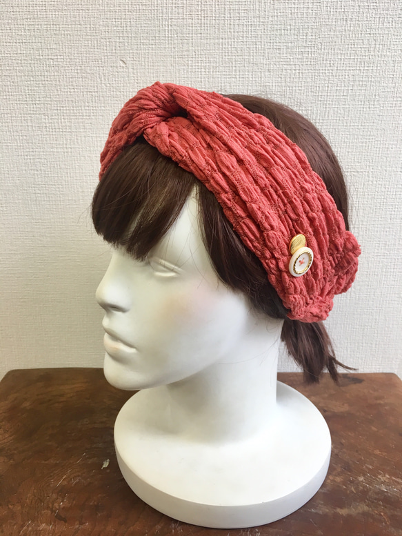 蓬鬆蕾絲❤️扭曲髮帶總花邊材料朱紅色（尺寸自由L到LL） 第5張的照片