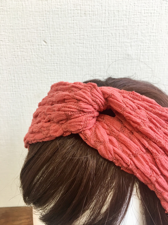 蓬鬆蕾絲❤️扭曲髮帶總花邊材料朱紅色（尺寸自由L到LL） 第8張的照片