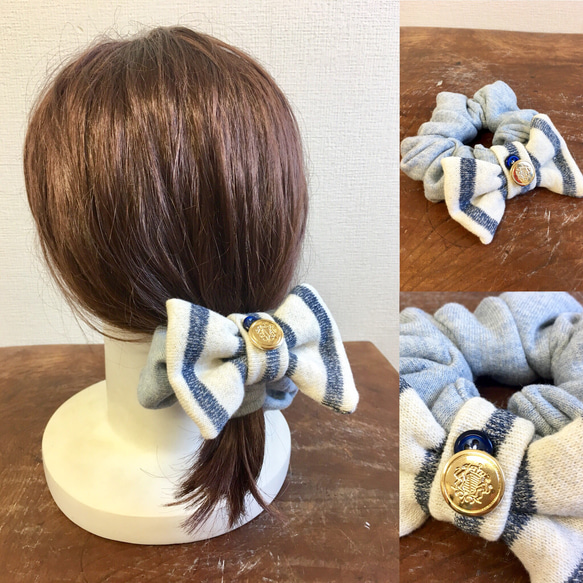 促銷價 ★ Fluffy ★ Mokomoko ❤️ 邊框圖案運動衫 Ribbon Scrunchie 淺藍色 第2張的照片