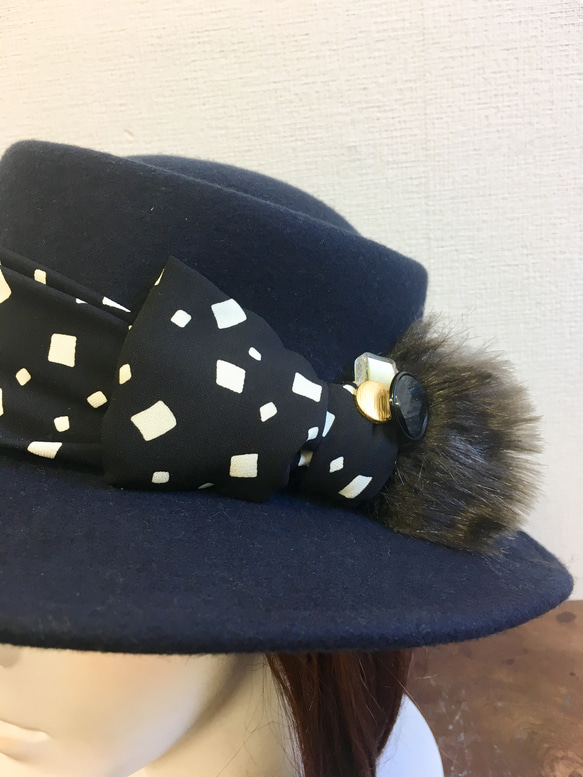 促銷價★男女通用★氈帽❤️方形圖案絲帶康康帽帽式氈帽（海軍藍）配有尺碼調節帶 第3張的照片