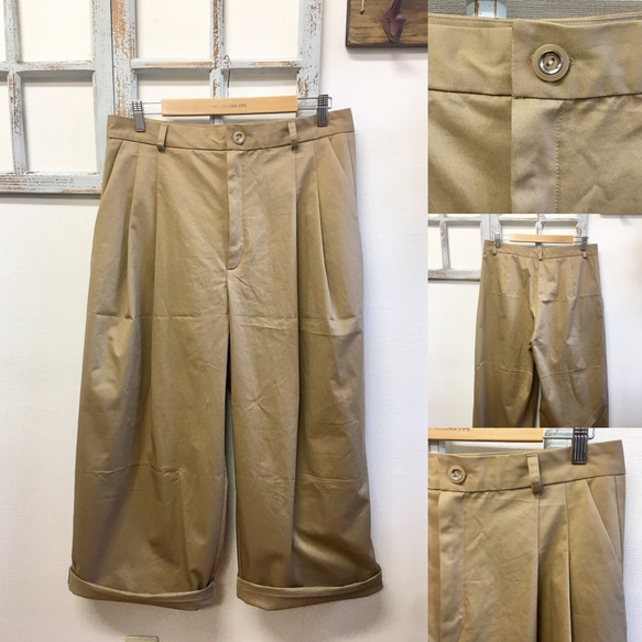 成人Chinopan❤寬大褲子米色與斑紋棉材料（尺寸免費L） 第1張的照片