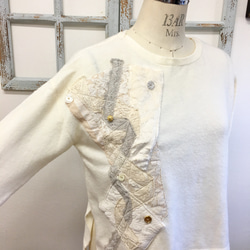 セール価格★オシャレリメイク❤︎モザイク柄のデザインニットセーター オフホワイト（サイズフリー M〜 L） 5枚目の画像