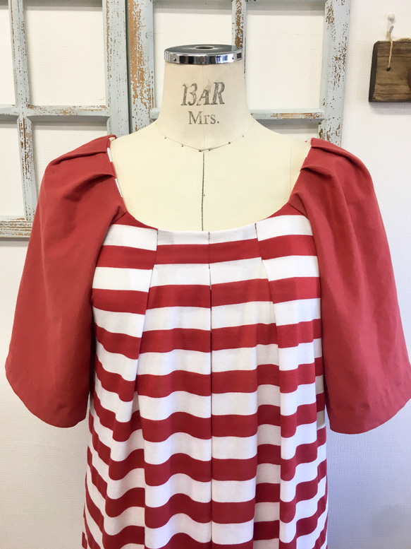 銷售價格★成人紅色❤️條紋褶皺袖子連衣裙紅色（從L到LL無尺碼） 第3張的照片
