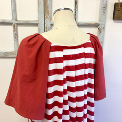 銷售價格★成人紅色❤️條紋褶皺袖子連衣裙紅色（從L到LL無尺碼） 第8張的照片