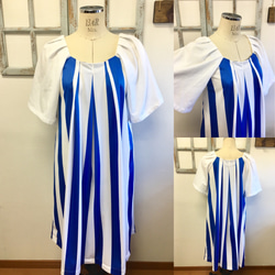 促銷價★推薦舞台服裝❤️條紋圖案褶皺袖連衣裙藍色（尺碼免費L） 第1張的照片