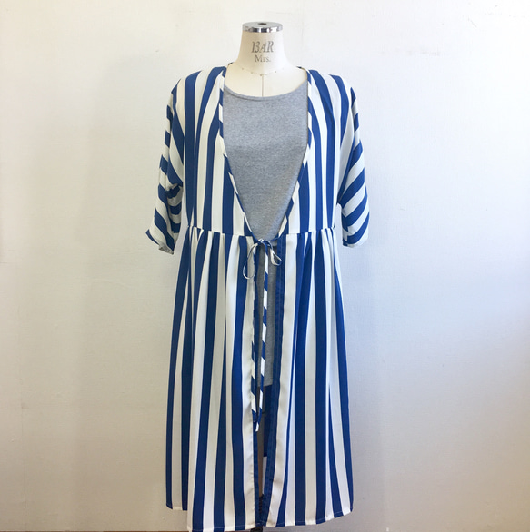 銷售價格★清爽藍色❤️條紋羊絨連衣裙（M〜L） 第8張的照片