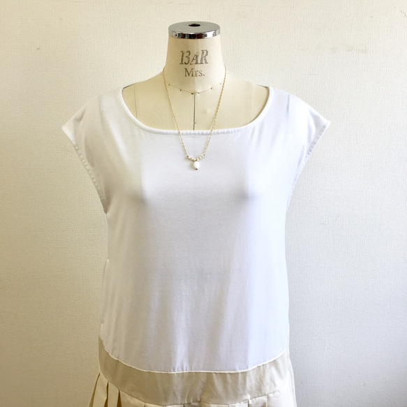 銷售價格★裝束禮服❤️T恤和百褶裙式連衣裙白色米色（免費L〜LL） 第5張的照片