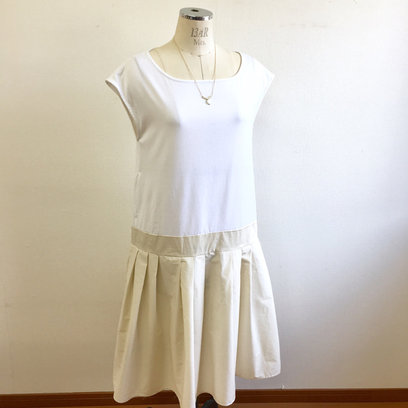 銷售價格★裝束禮服❤️T恤和百褶裙式連衣裙白色米色（免費L〜LL） 第6張的照片