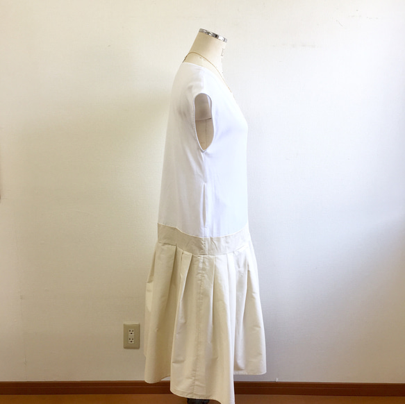 銷售價格★裝束禮服❤️T恤和百褶裙式連衣裙白色米色（免費L〜LL） 第8張的照片