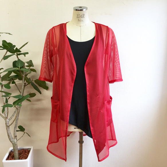 銷售價格★透明網眼材料紅色製成的可愛透明❤️V領開衫（尺寸免費M〜L） 第2張的照片