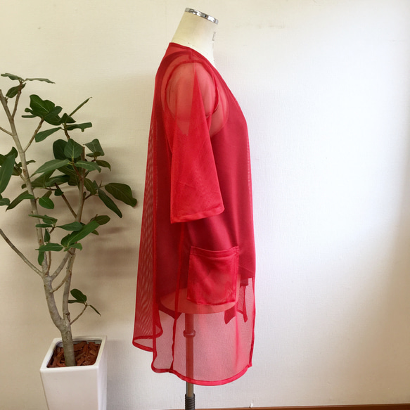 銷售價格★透明網眼材料紅色製成的可愛透明❤️V領開衫（尺寸免費M〜L） 第7張的照片