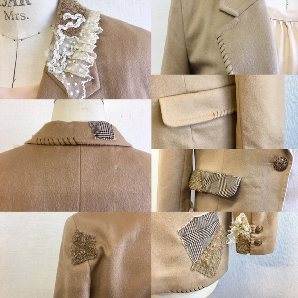 銷售價格★翻新衣服❤️羊毛材料翻新量身定制的夾克米色（尺寸M〜L號11）襯裡 第9張的照片
