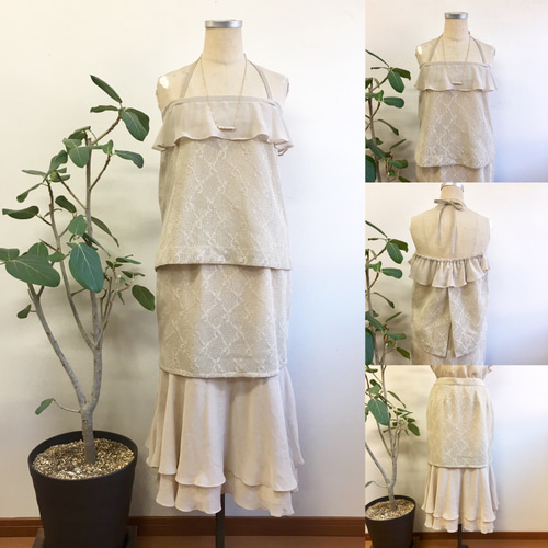 remake ハンドメイド　テーブルクロスワンピース　レース　キャミワンピ セール価格☆リメイク服❤️レースキャミソール&スカート上下