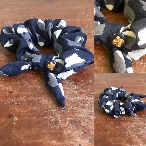 可愛的緞帶❤️圖案圍巾材料帶金色鈕扣的蝴蝶結Chou（海軍） 第3張的照片