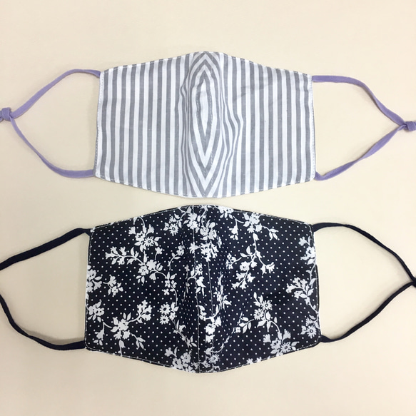2 件套❤️ 棉和紗布材質 3D 帶線面罩（成人標準尺寸）海軍藍色花卉圖案，灰色條紋 第1張的照片