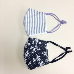 2 件套❤️ 棉和紗布材質 3D 帶線面罩（成人標準尺寸）海軍藍色花卉圖案，灰色條紋 第2張的照片