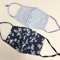 2 件套❤️ 棉和紗布材質 3D 帶線面罩（成人標準尺寸）海軍藍色花卉圖案，灰色條紋 第3張的照片