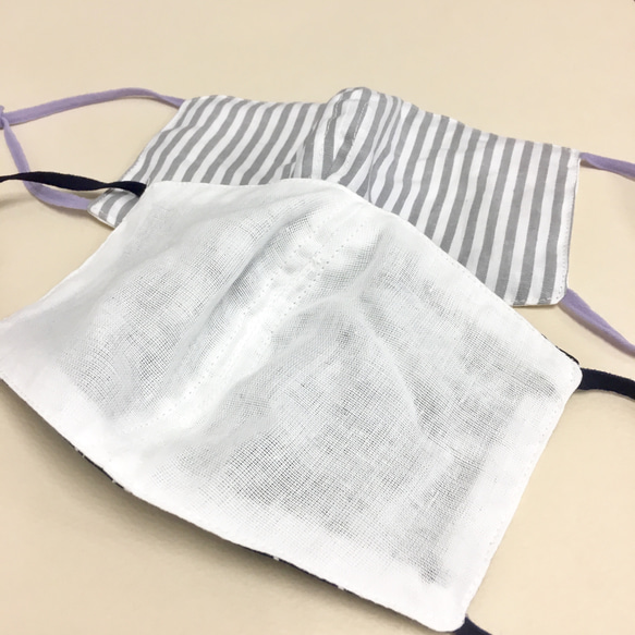 2 件套❤️ 棉和紗布材質 3D 帶線面罩（成人標準尺寸）海軍藍色花卉圖案，灰色條紋 第5張的照片