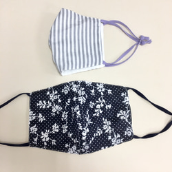 2 件套❤️ 棉和紗布材質 3D 帶線面罩（成人標準尺寸）海軍藍色花卉圖案，灰色條紋 第6張的照片