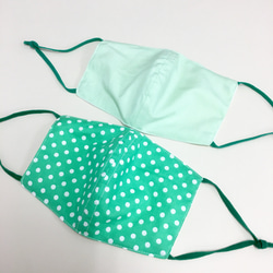 2 件套❤️棉和紗布材料 3D 口罩帶線（成人正常尺寸）祖母綠波爾卡圓點，純綠色 第3張的照片
