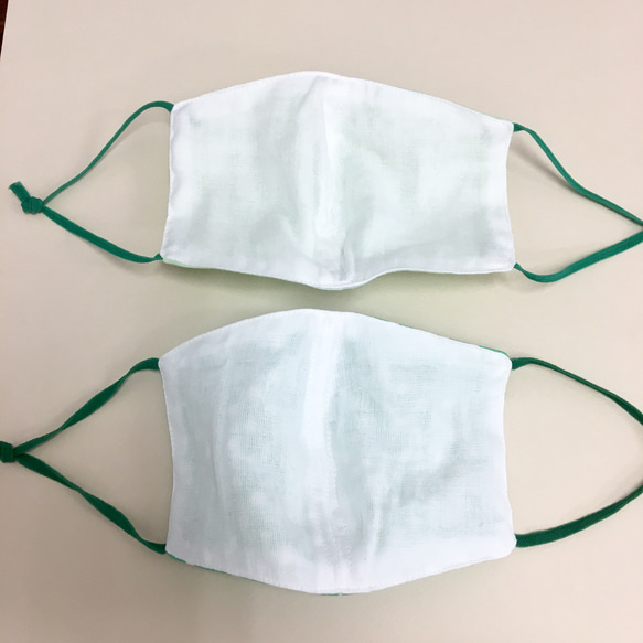 2 件套❤️棉和紗布材料 3D 口罩帶線（成人正常尺寸）祖母綠波爾卡圓點，純綠色 第4張的照片