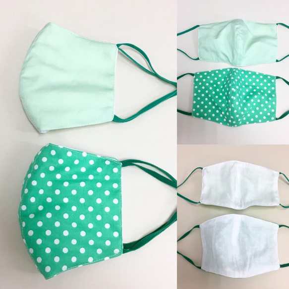 2 件套❤️棉和紗布材料 3D 口罩帶線（成人正常尺寸）祖母綠波爾卡圓點，純綠色 第6張的照片