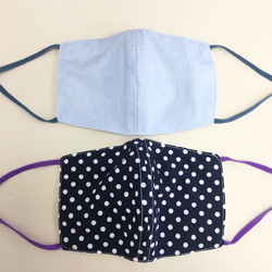 受歡迎的再次上架❗️夏季口罩★2件套❤️透氣的紗布材料3D面膜帶金屬絲（成人正常尺寸）藏青色圓點，淺藍色 第1張的照片
