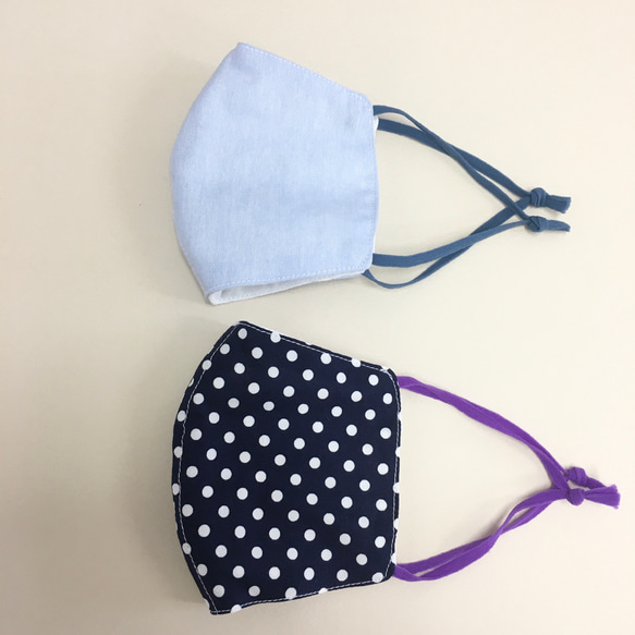 受歡迎的再次上架❗️夏季口罩★2件套❤️透氣的紗布材料3D面膜帶金屬絲（成人正常尺寸）藏青色圓點，淺藍色 第2張的照片