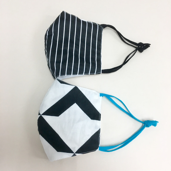 夏季口罩★2件套❤️出色的透氣性紗布材料含導線的三維口罩（成人尺寸）三角形圖案，黑色條紋 第2張的照片