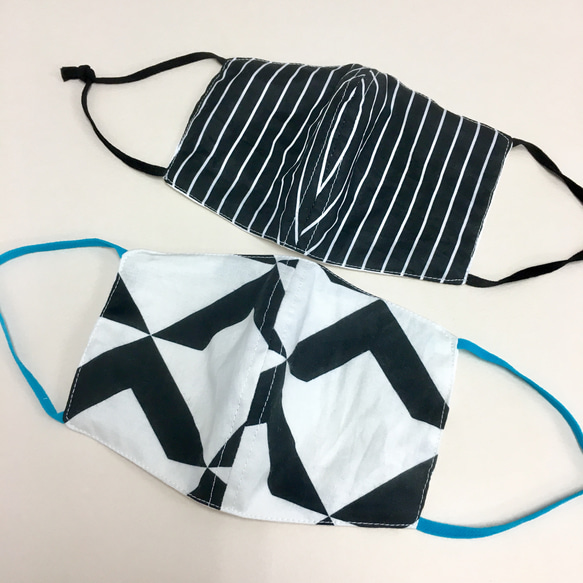 夏季口罩★2件套❤️出色的透氣性紗布材料含導線的三維口罩（成人尺寸）三角形圖案，黑色條紋 第3張的照片