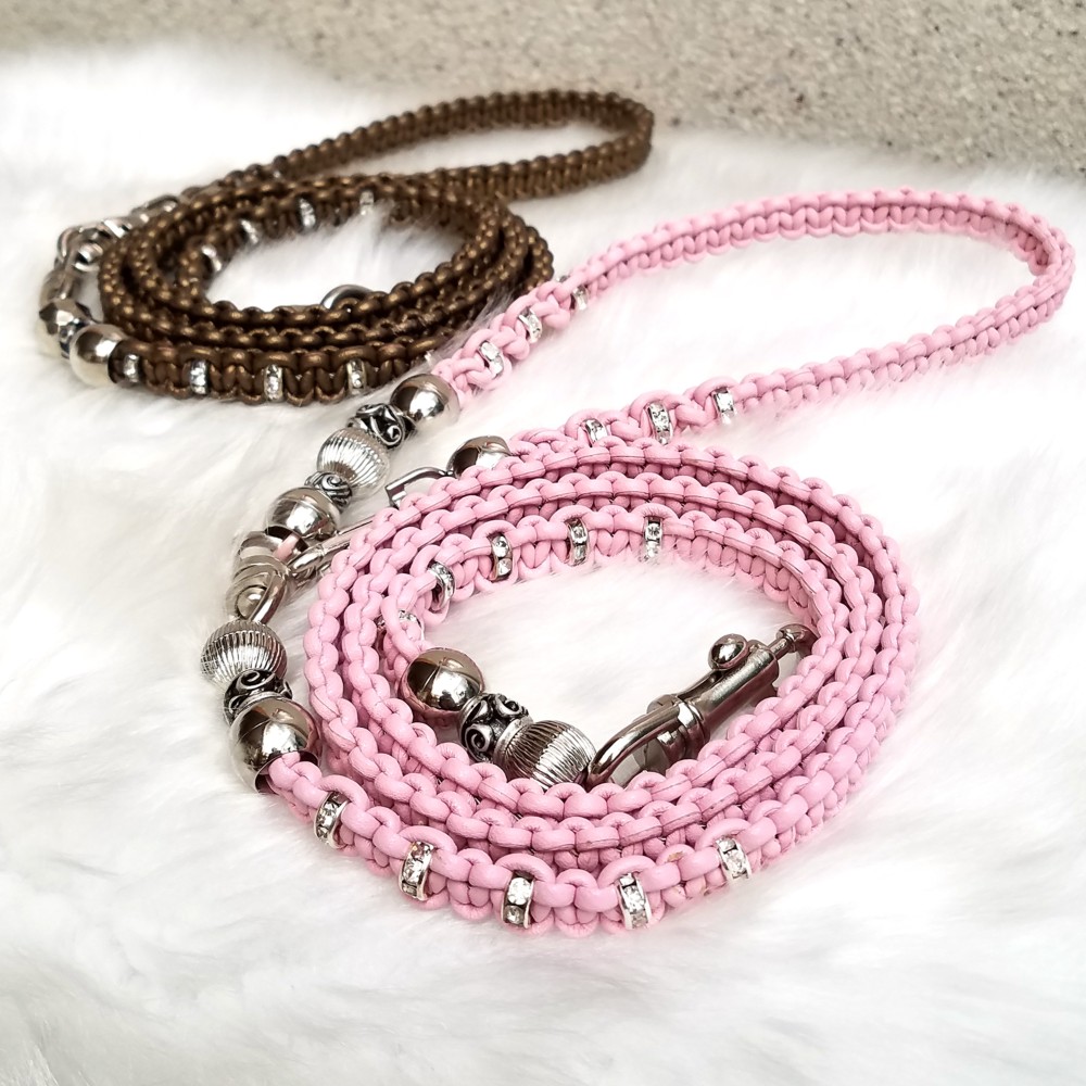 レザーleatherラインストーンロンデル革リード[選べる11色]銀金具 超小型犬～小中型犬 大型犬1.5-40kgまで