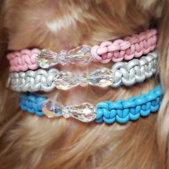 レザーleather♥スワロ♥チェコガラスリボン♪【首輪】[お好きな色の革編み]　クリスタル 5枚目の画像