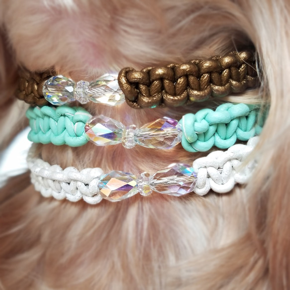 レザーleather♥スワロ♥チェコガラスリボン♪【首輪】[お好きな色の革編み]　クリスタル 6枚目の画像