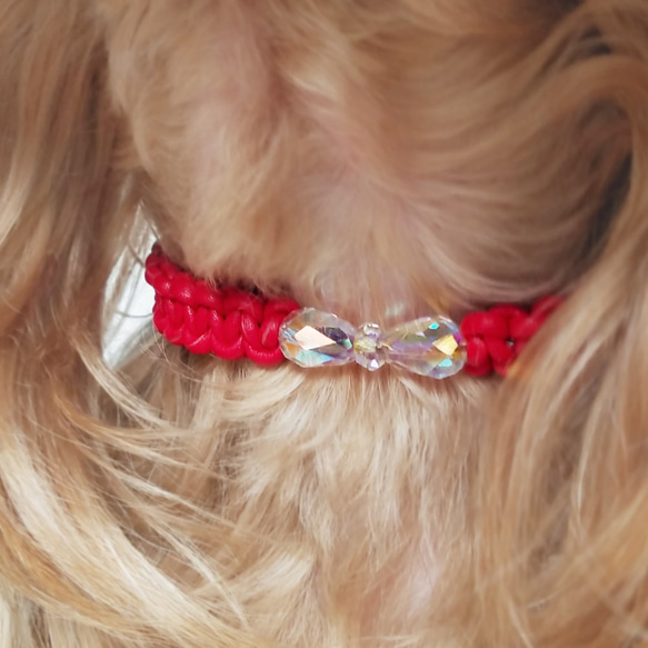 レザーleather♥スワロ♥チェコガラスリボン♪【首輪】[お好きな色の革編み]　クリスタル 7枚目の画像