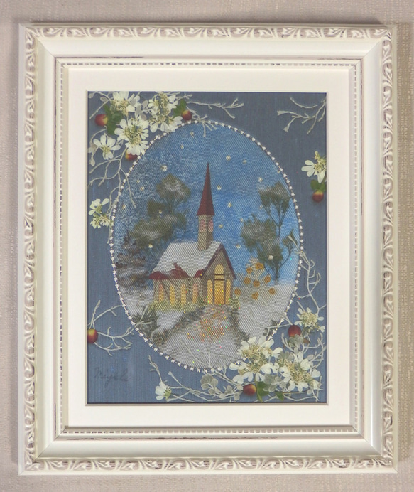 Creema限定クリスマス作品 押し花額 押し花アート クリスマス ブルー系