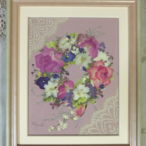 Creema限定クリスマス作品 押し花額 押し花アート リース ピンクのバラ