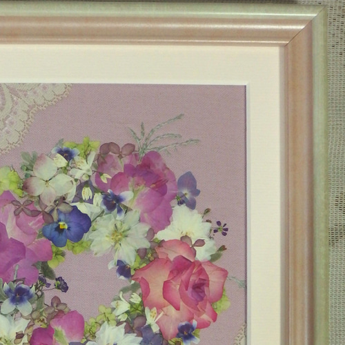 Creema限定クリスマス作品 押し花額 押し花アート リース ピンクのバラ